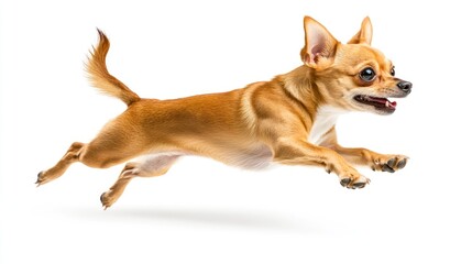 Wall Mural - A playful Chihuahua leaps joyfully against a white background.