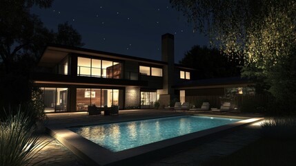 Poster - Modern house at night with a pool and outdoor seating, surrounded by trees.