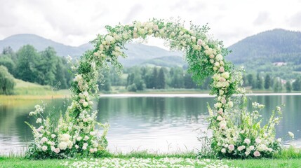 Poster - A floral arch by a serene lake, perfect for a wedding or outdoor event.