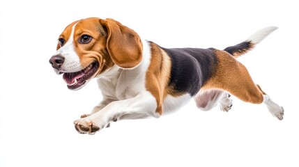 Poster - A beagle dog joyfully leaping in mid-air against a white background.