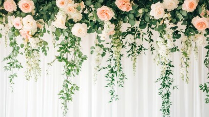 Poster - A floral arrangement of roses and greenery hanging against a white backdrop.