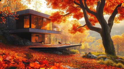 Sticker - Modern house surrounded by vibrant autumn foliage and serene landscape.