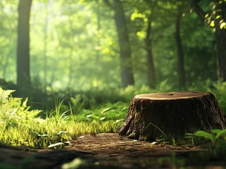 Poster - A serene forest scene featuring a tree stump surrounded by lush greenery and soft light.