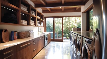 Wall Mural - A modern laundry room with appliances, storage, and natural light.