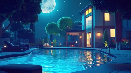 Poster - A serene night scene featuring a pool, illuminated house, and moonlit sky.