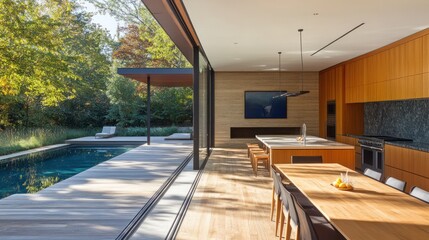 Sticker - Modern kitchen and dining area overlooking a pool and garden.