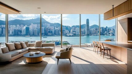 Wall Mural - Modern living room with panoramic city view and elegant furnishings.