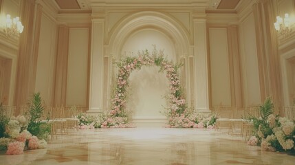 Sticker - Elegant wedding venue adorned with floral decorations and soft lighting.