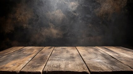 Wall Mural - A rustic wooden tabletop against a textured dark background, suitable for product photography.