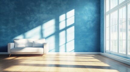 Wall Mural - A bright, minimalist room with a blue wall, a white sofa, and sunlight casting shadows.