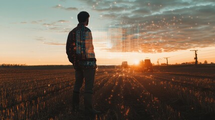 Canvas Print - A person stands in a field at sunset, with digital elements overlaying the scene.