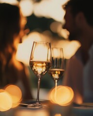 Two wine glasses on a table, a blurred couple gazing at each other in the background, soft evening glow