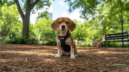 Poster - A beagle sits in a park surrounded by greenery and sunlight, showcasing a playful demeanor.