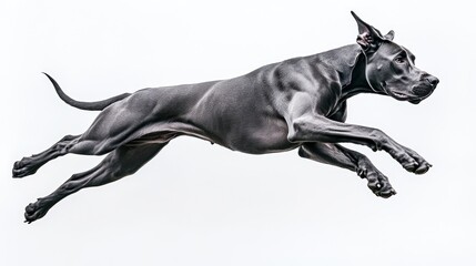 Poster - A dynamic image of a black dog leaping gracefully against a white background.