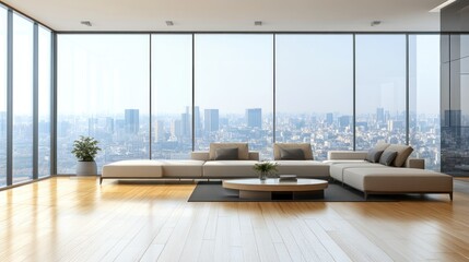 Sticker - Modern living room with large windows showcasing a city skyline.