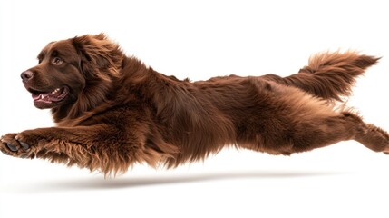 Poster - A brown dog is joyfully leaping through the air against a white background.