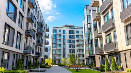 Poster - Modern apartment complex with landscaped courtyard and blue sky.