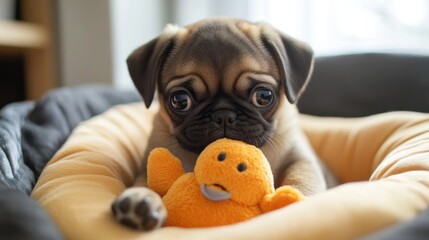 Poster - A cute pug puppy cuddles an orange toy in a cozy bed.