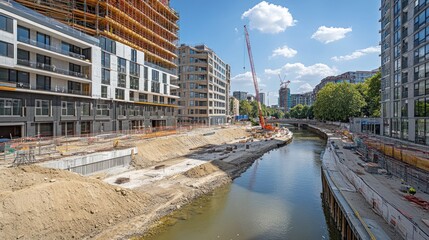 Wall Mural - Construction site along a river with buildings and cranes under a blue sky.