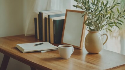 Wall Mural - A cozy workspace with a cup of coffee, books, and a decorative plant.