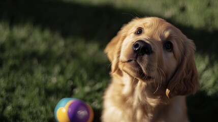 Wall Mural - A golden retriever puppy curiously gazes at the viewer, with a colorful ball nearby.