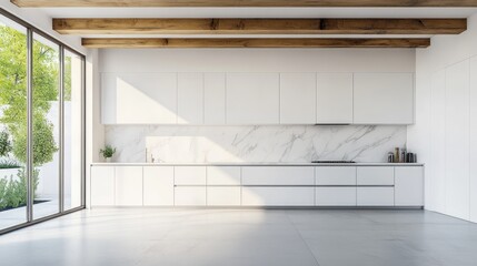 Poster - Modern kitchen with minimalist design, large windows, and natural light.