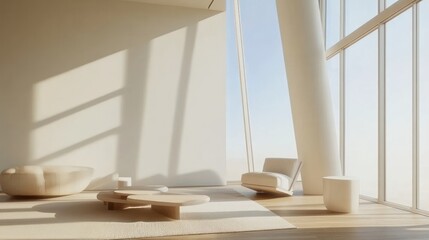 Sticker - A modern, sunlit interior showcasing minimalistic furniture and large windows.