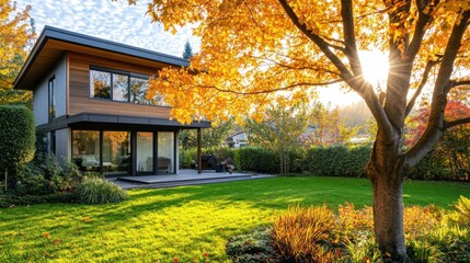 Canvas Print - A modern house surrounded by vibrant autumn foliage and a sunlit garden.