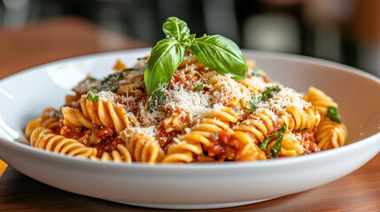 classic pasta dish featuring rich tomato sauce, topped with fresh basil and grated cheese, creating delightful and appetizing meal