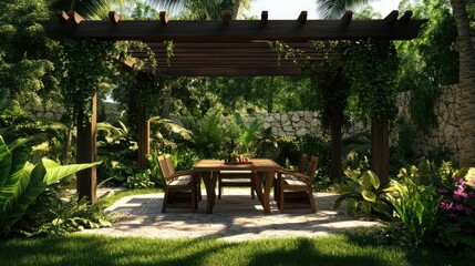 Canvas Print - A serene outdoor dining area surrounded by lush greenery and a wooden pergola.