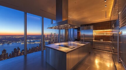 Wall Mural - Modern kitchen with stunning city skyline view at sunset.