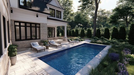 Wall Mural - A serene backyard with a pool, lounge chairs, and landscaped greenery.