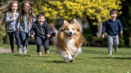 Canvas Print - A joyful scene of children playing and running with a dog in a sunny park.