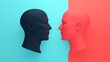 © Boontharika - Abstract concept with two faces in profile view, one black, one red, representing duality and contrast on a split-colored background.