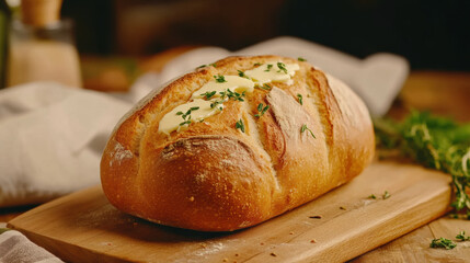 perfectly baked loaf of sourdough bread, golden brown and crusty, topped with fresh herbs and butter, is beautifully presented on wooden board. warm, inviting aroma enhances rustic charm of this