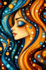 Wall Mural - A woman with long hair and a blue and orange background. The woman has a blue eye and a blue nose