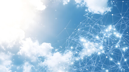 Wall Mural - abstract technology background with network connection lines and dots on blue sky, white background 
