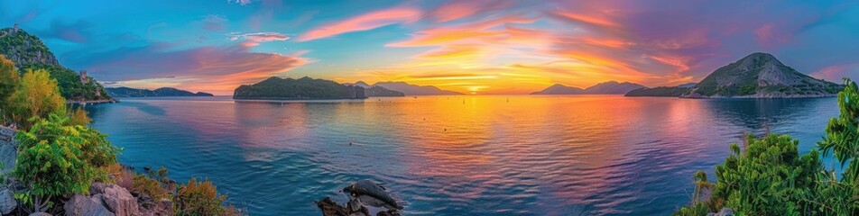 A panoramic view of the colorful sunset over an island, with mountains in the background and calm waters reflecting the vibrant hues of orange, blue, green, yellow, and pink