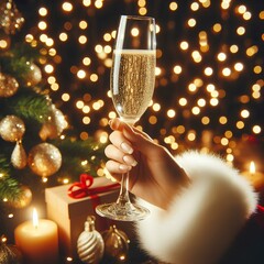 elegant hand holding a sparkling champagne flute against a backdrop of twinkling holiday lights capturing the essence of festive celebration and luxury.