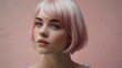 © R-CHUN - ethereal portrait of a pixielike woman with platinum bob against a pastel pink backdrop delicate features and wideeyed innocence evoke a whimsical fairytale quality.