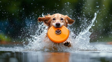 Wall Mural - a happy golden retriever dog running through water with a frisbee in his mouth