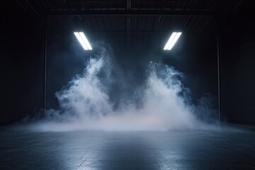 Fototapete - Dark background, concrete floor with smoke and fog, dark scene, spotlights on the ground, background for product presentation
