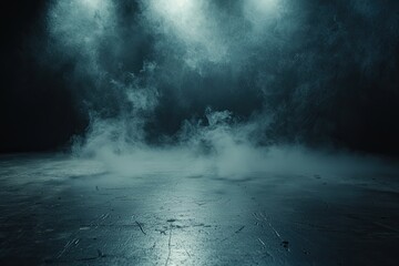 Fototapete - Dark room with a concrete floor and smoke, a dark background for product presentation. Dark, empty scene with fog on the ground