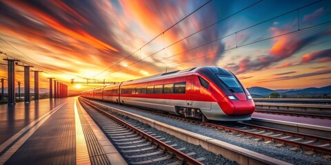 Red high speed train in motion at sunset on railway station platform in Austria, Train, high speed