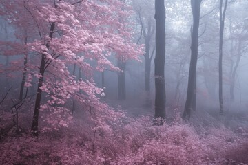 A serene infrared shot of a foggy forest, where the mist and foliage appear in soft pinks and whites, creating an ethereal and calming scene that feels almost dreamlike