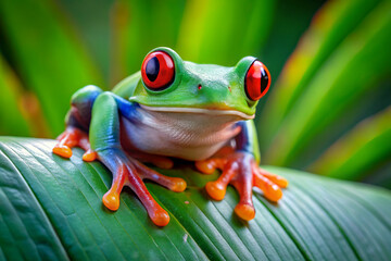 Red-eyed tree frog closeup on green leaves, Red-eyed tree frog (Agalychnis callidryas) closeup, Exotic animal of rain forest