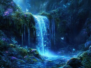 A hidden waterfall deep in an enchanted forest, the water glowing with soft blue light as it cascades over moss-covered rocks, with enchanted creatures like elves and fairies gathered nearby