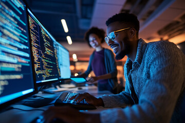 focused female programmer working late on multiple screens with colorful code in a modern tech offic