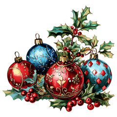 Wall Mural - Blue and red Christmas ornaments with holly leaves isolated on transparent background.