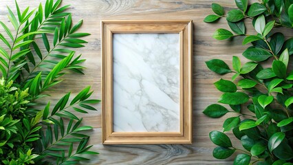 Blank canvas frame on wooden table with green white marble and green leaves background, high angle view